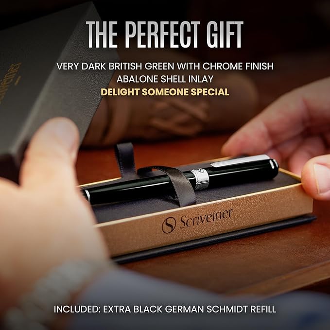 Scriveiner Black Green Rollerball Pen - Stunning Luxury Pen, Chrome Finish bundle with Rollerball Refill Black Fine - 4 Rollerball Refills in one box