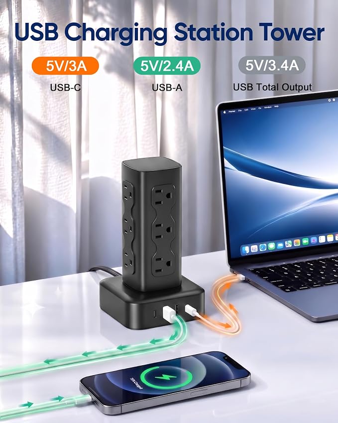 Power Strip Tower Surge Protector(2000J), Flat Plug Charging Station Tower with 12 AC Outlets & 4 USB Ports(2 USB C), 6FT Extension Cord for Home Office Dorm, Black