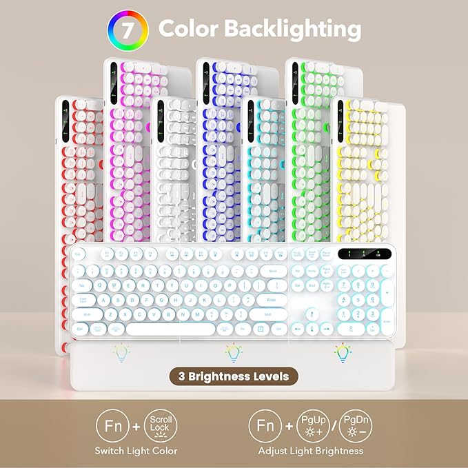 Wireless Keyboard and Mouse Combo, Backlit Round Keycaps, Retro Typewriter Keyboard with Detachable Wrist Rest, Rechargeable & Tilt Legs, 2.4GHz Cordless Connection for Windows/PC (Glowing White)