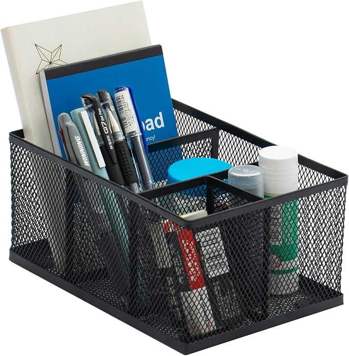MyGift Black Metal Mesh Desk Organizer Pen Holder Pencil Holder Office Supplies Caddy with 4 Compartments