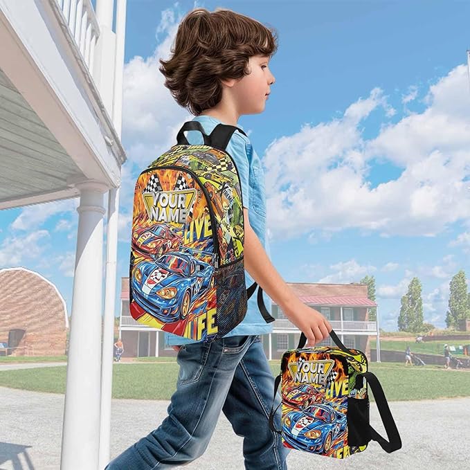 Personalized Cars Toddler Backpack with Name Custom Kids School Backpack for Boys Back to School Supplies Customized Name Schoolbag Bookbag and Water Bottle Cup&Pencil Pouch for Preschool Elementary