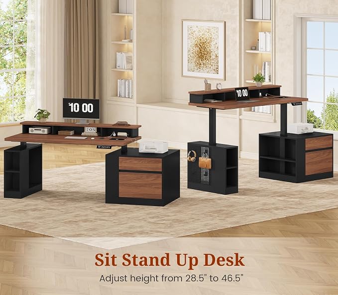 Standing Desk Adjustable Height, 70" Executive Electric Office Desk, Sit Stand Computer Desk with Storage Drawer, Power Outlets, Led Lights, Monitor Stand, Printer Space, Pegboard Black&Walnut