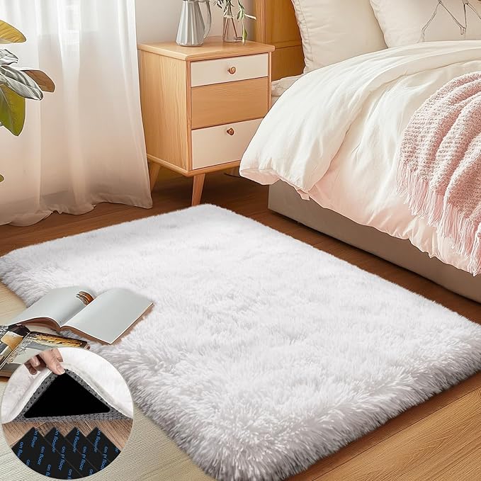 2x3 Area Rug for Bedroom, Small White Rugs for Living Room Nursery Kids Room Dorm Home Decor Aesthetic, Fluffy Shaggy Rug with 4 Anti-Slip Carpet Tapes
