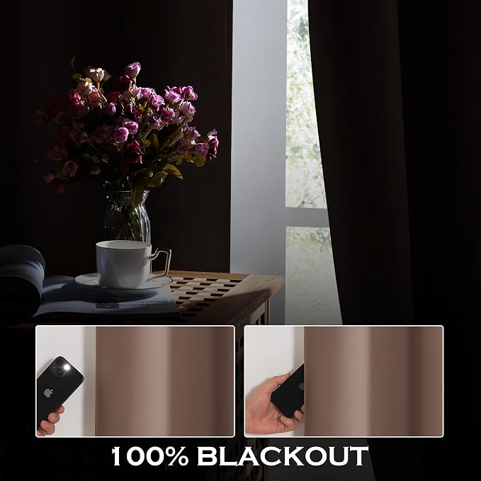 KGORGE 4-in-1 Soundproof Anti Dust 100% Blackout Curtains with Melt-Blown Layer Noise Reducing Thermal Insulating Window Drapes for Bedroom Nursery, W 52 x L 84, Mocha, 2 Panels