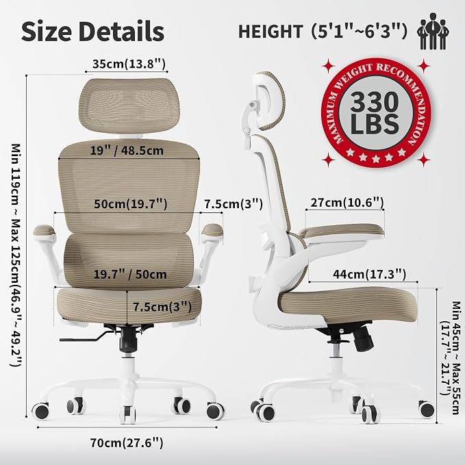 TRALT Ergonomic Office Chair - Desk Chair with Adjustable Headrest Lumbar Support Computer Chair - Mesh Comfy Chair with Flip-up Armrests - Gaming Chairs for Adults Home Office (PU Leather,Khaki)