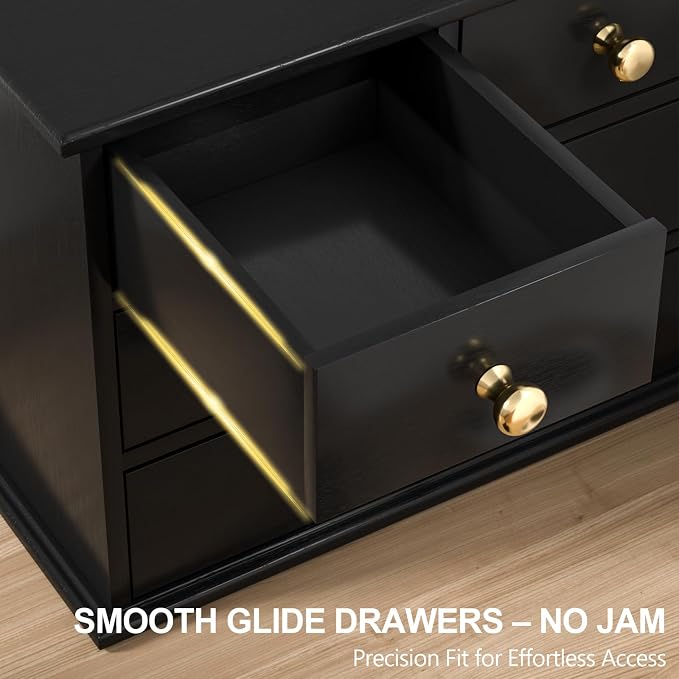 Oak Desk Organizer with Drawers, Durable Wooden Desktop Storage Box | 4 Drawer Tabletop Organizer with Metal Handles & Non-Slip Pads for Office, Bedroom, Bathroom, Vanity & Makeup Storage, Black