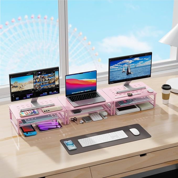 Gianotter 2-Tier Metal Monitor Stand Riser, Workspace Organizer with Desk Accessories, Office Storage for Supplies (Pink)