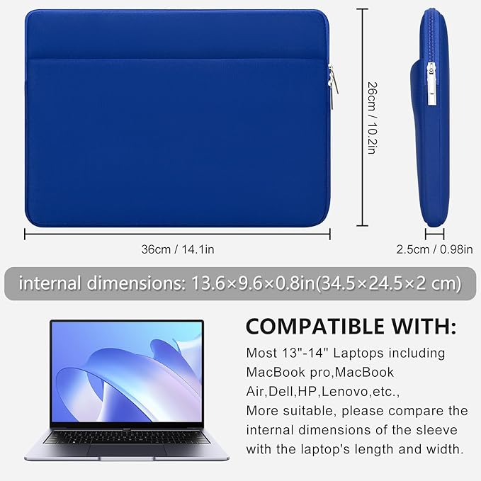 Laptop Sleeve Bag Compatible with 13 to 14 inches MacBook Air/Pro Chromebook Notebook with Zipper Accessory Pocket Padded Computer Pouch Cover Protective for 13” to 14” Laptop,Blue