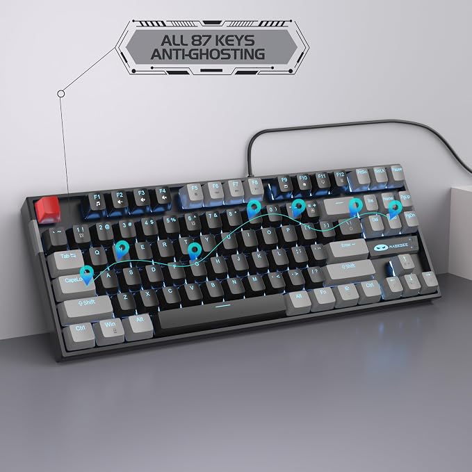 MageGee 75% Mechanical Gaming Keyboard, Red Switch, LED Blue Backlit, 87 Keys Compact TKL Wired Computer Keyboards for Windows Laptop PC Gamer - Black/Grey