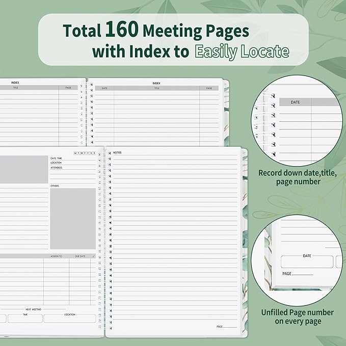 SUNEE Half Meeting Half Note - 8.5"x11" Professional Notebooks for Work - 160 Pages, A4 Size Project Planner, Spiral Meeting Agenda/Minutes Organizer for Women Men, Note Taking, Office & Business