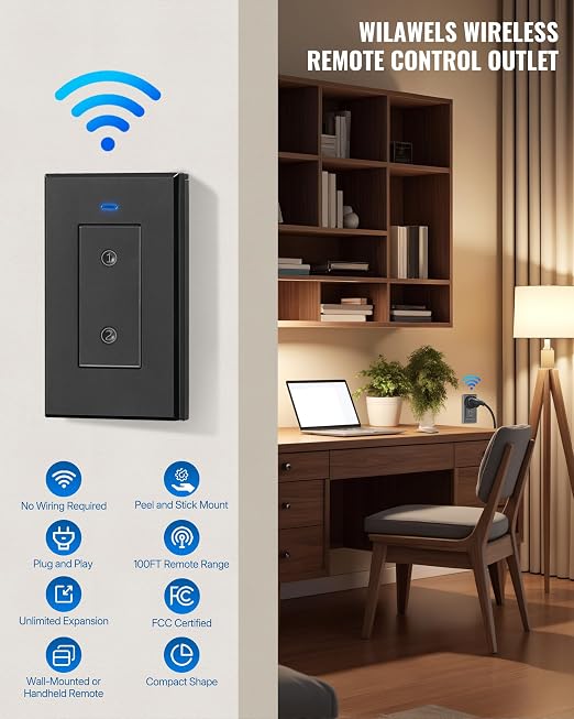 Black Remote Control Outlet Plug, WILAWELS Wireless Light Switch, On Off Remote Switch Outlet for Lights, Lamps, Home Appliance, 100ft RF Range, No Wiring, FCC Listed H05RC1106
