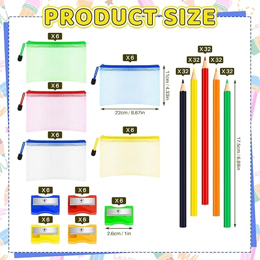 220 Pcs Back to School Gifts Set Mesh Zipper Color Pencil Pencil Sharpener Practical Stationery Gift Set for Back to School Classroom Prize Supplies