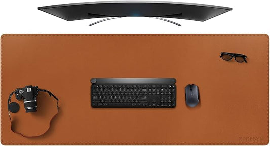 ZORESYN Light Brown Desk Mat 55"x24" Extra Large – PU Leather Desk Pad Protector for Dual Monitors, Waterproof Office Desk Mat for Keyboard & Mouse, Non-Slip Large Mouse Pad for Computer, Home Office