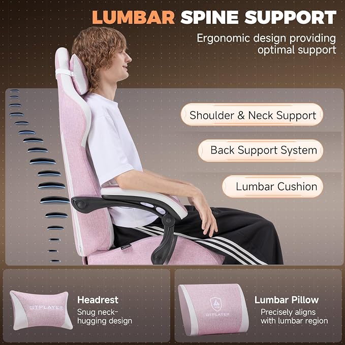 GTPLAYER Gaming Chair with Footrest, Ergonomic Office Chair 400lbs Heavy Duty, Big and Tall Computer Desk Chair with Lumbar Support and Headrest, Breathable Linen Fabric, 90-155° Recline Pink