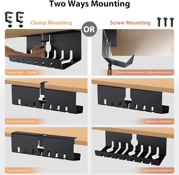 Syeeiex Under Desk Cable Management Tray, Cord Management, Black, 17inch | No-Drill C-Clamp and Screw Mount, Metal Desk Wire Organizer for Office Home Workspace, Cord Organizer with 10 Cable Ties