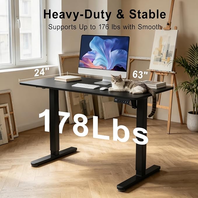 Electric Standing Desk, 63x24 Inches Height Adjustable Sit Stand up Desk with 3 Memory Presets & Child Lock，Heavy Duty Steel Frame, for Computer Workstation or Multi-PC Setup, Black