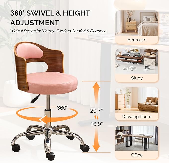 VINGLI Armless Home Office Desk Chair, Adjustable Swivel Chair,Dual-Use with/no Wheels,Small Retro Designed Walnut Curved Task Chair,Cushioned Nail Tech Chair for Study Area,Workspace,PU,Pink