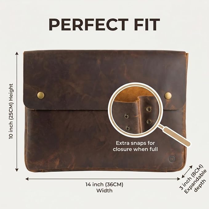 Moonster Leather Folder, Full Grain Leather File Folder Organizer Document Holder, Portfolio for Men –Spacious Folio Laptop Sleeve Case - Fits 13" 14" 15” Laptops, MacBook and Tablets
