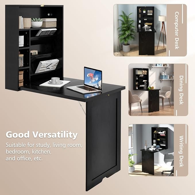 GOFLAME Wall Mounted Folding Desk with 3-Tier Tilt Storage Partition and Adjustable Shelves, Space-Saving Convertible Writing Desk for Home Office, Black