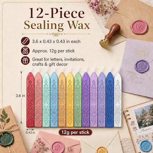 12 Pieces Sealing Wax Sticks with Wicks for Letter Seal Wax Stamp,Wedding Invitations, Packaging Decoration,Christmas Gift Ideas (Color A)