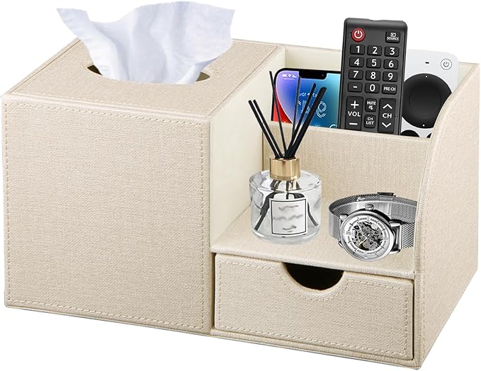 Nightstand Organizer with Tissue Holder,PU Leather Square Tissue Box Cover | Modern Facial Paper Organizer Storage Box for TV Remote Control,Bathroom,Vanity Countertop,End Table,Home and Office Decor