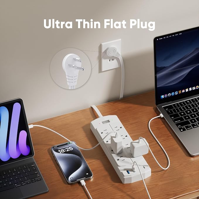 Flat Plug Power Strip, Yozisital Extension Cord with 8 AC Outlets & 4 USB Ports (2 USB-C), 5 FT Power Cord, Wall Mount, Desk Charging Station for Home Office, White