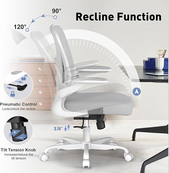 Ergonomic Office Chair with Adjustable Lumbar Support, 300 lbs Swivel Desk Chair with Flip-Up Arms, Mesh Comfy Padded Seat for Computer and Home, Grey
