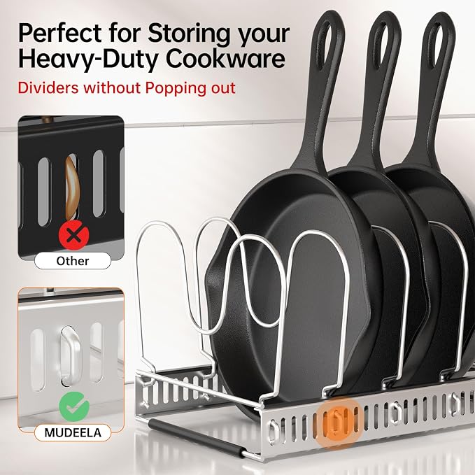 MUDEELA Expandable Pot Pan Lid Organizers inside Cabinet, 12 Divider-Silver | Expandable 11.8–22.9", 12 Adjustable Divider, Tool-Free Assembly, Non-Slip, Scratch-Proof, For Pan Lid Cutting Board Bakeware
