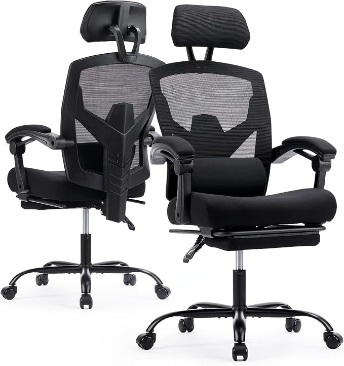 Ergonomic Office Chair with Footrest, High Back Home Desk Chair with Lumbar Support & Headrest, 90-135° Reclining Mesh Back Computer Chair with Wheels for Work, Gaming, Black