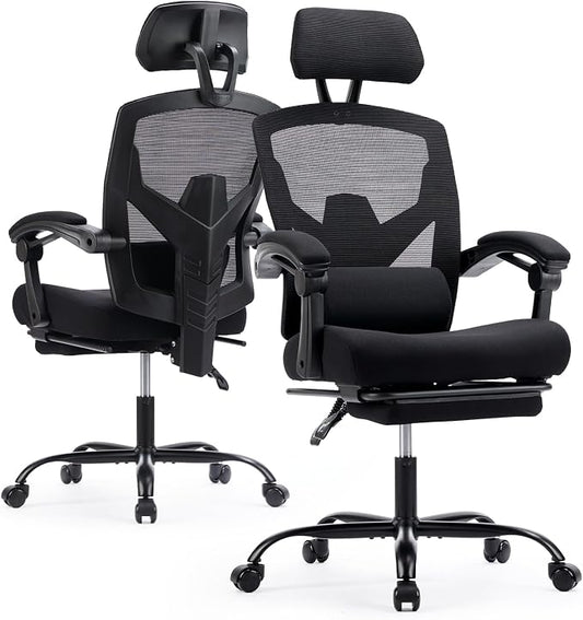 Ergonomic Office Chair with Footrest, High Back Home Desk Chair with Lumbar Support & Headrest, 90-135° Reclining Mesh Back Computer Chair with Wheels for Work, Gaming, Black