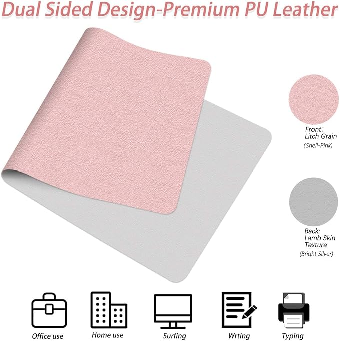 Office Desk Mat Mouse Mat Pad Decorative Desk Pad Protector PU Leather Desk Blotter Keyboard Writing Desk Cover Ultra-Thin Table Protector Cute for Women & Girl 16 X 24 Inch (Shell-Pink/Bright Silver)