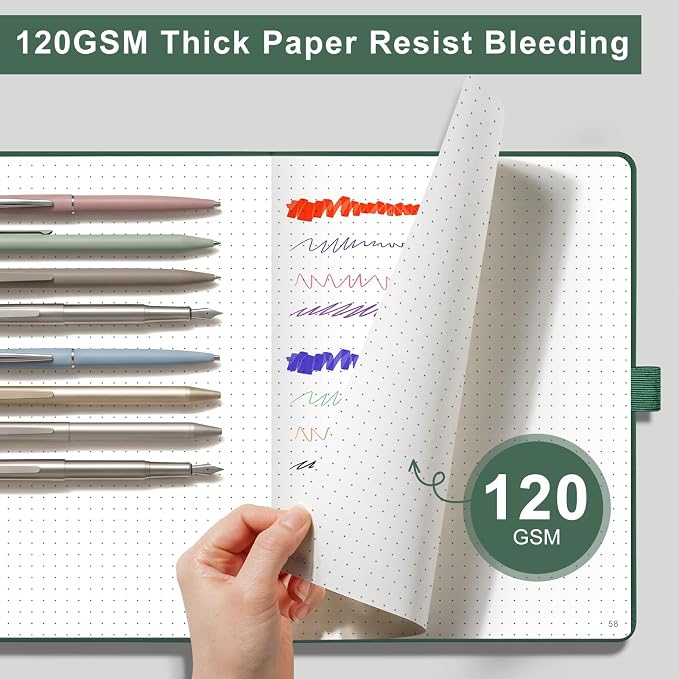 AHGXG Dotted Journal Notebook, 160 Numbered Pages, A5 Medium Size (5.7'' x 8.3''), 120 GSM Thick Paper, Leather Hardcover, for Journaling, Planning, Tracking (Dark Green)