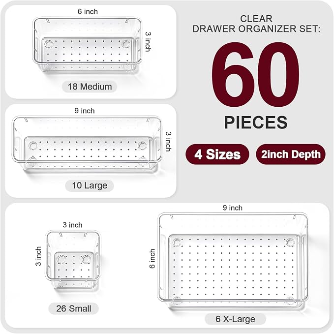 60 Pcs Makeup Drawer Organizer Set, 4 Sizes Versatile Bathroom and Vanity Drawer Organizer for Makeup, Non-Slip Desk Organizer Trays for Bedroom, Office, Fits Jewelry and Office Supplies