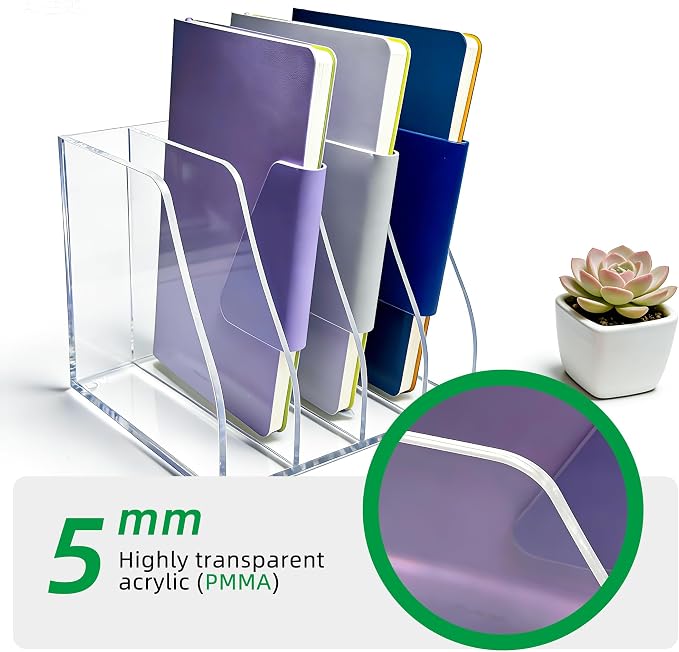 Clear Acrylic Magazine File Holder, 4 Compartment Desk Organizer | 4 spacious vertical compartments hold magazines, files, books & more. 5mm thick clear acrylic, non-slip base. No assembly.