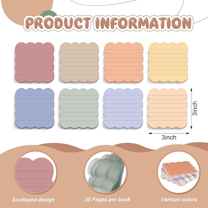 Eaasty 8 Pack Scalloped Sticky Notes Cute Adhesive Memo Pads Vintage Colors Aesthetic Lined Self Stick Note Pads 3" x 3" Pretty Wavy Sticky Notes Bulk 240 Sheets for School Office Supplies