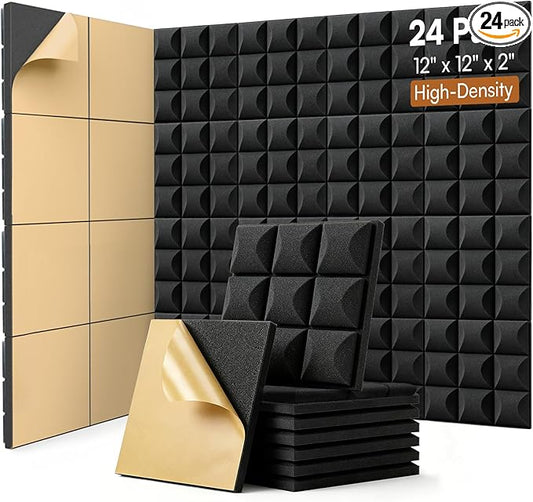 SODOCT 24 Pack Self-Adhesive Acoustic Foam Panels, 12 x 12 x 2 Inches Mushroom Shape, Sound Proofing Wall Panels, High Density Sound Absorbing Foam for Studio, Home Office, Recording (Black)