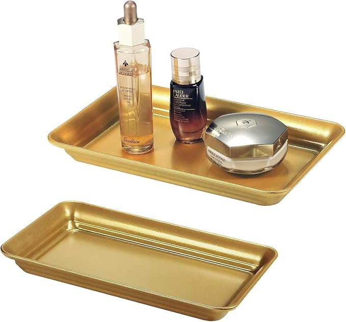 SheeChung Metal Vanity Tray, Bathroom Counter Storage Tray, Gold 1 Pack | Sturdy Decorative Tray Holder, Farmhouse Vintage Decor Accessories for Perfume, Cosmetics, Jewelry, Makeup, Guest Hand Towel