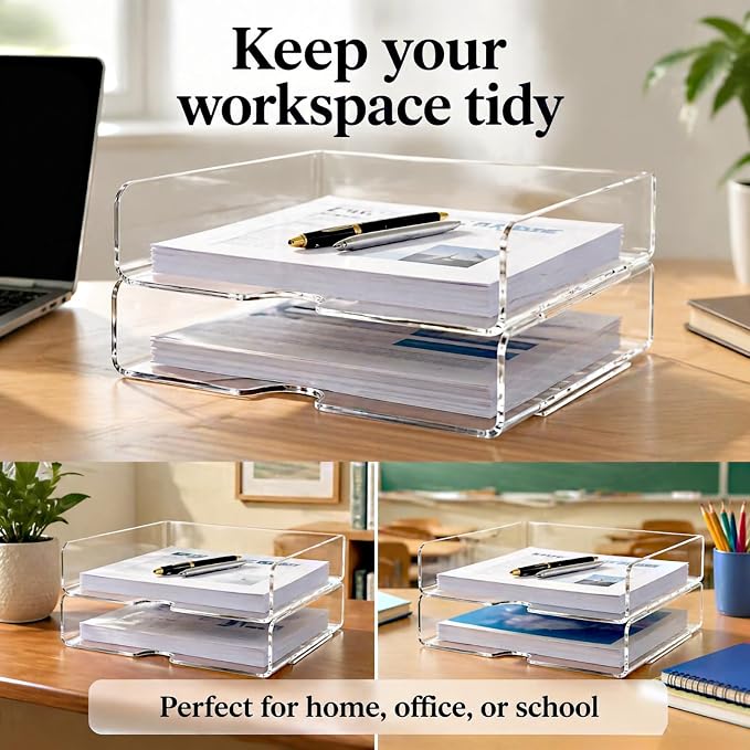 DCA 2 Tier Desk Organizer, Clear Paper Tray File Organizer | Stackable Letter Tray | Office, Home & School | Large Capacity