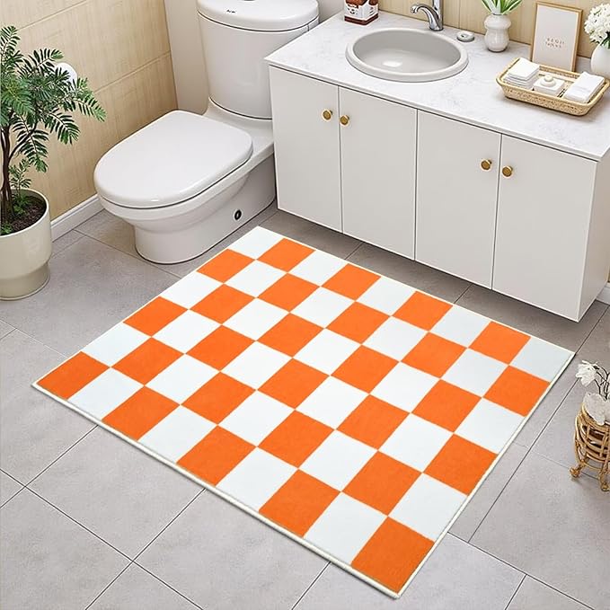Terrug Orange and White Checkered Rug for Entryway,2x3 Small Area Rugs Washable with Non Slip for Kitchen,Soft Low Pile Retro Carpet for Bedroom Front Door Porch