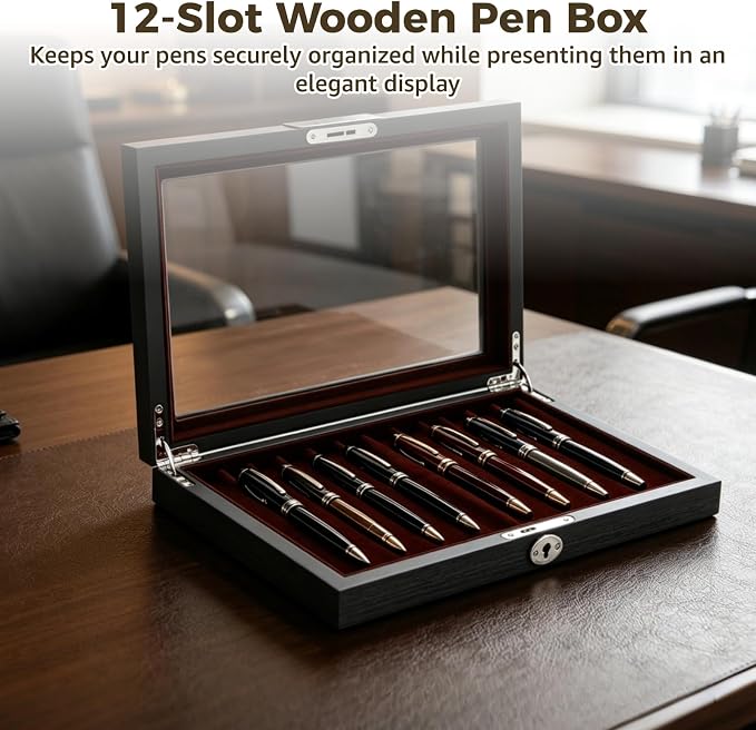 12-Slot Wooden Fountain Pen Case, Elegant Velvet Lined Pen Display Case with Secure Lock & Clear Lid, 12.6 x 8.7 x 1.8 in for Fountain Pens, Executive Pens, Black