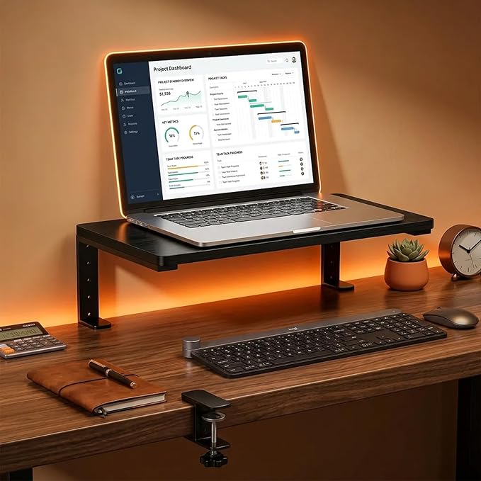 Clamp-On Desk Extender, 15 x 9.5 Inch Monitor Riser | Height options, No-drill setup, 3-in-1 use, 44 lb load, Office station, Gaming area, Black finish