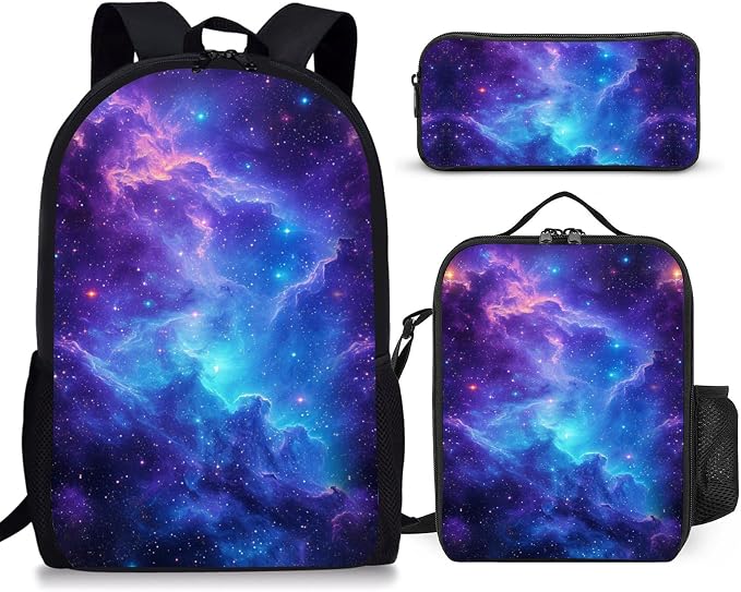 3PCS Galaxy Print Backpack for Boys Girls Teens, School Backpack with Lunch Box Pencil Case for Elementary Middle High Students, 17 Inch Lightweight Bookpack 3 in 1 Set Back to Shool Gifts for Kids