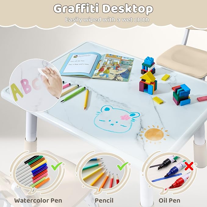 DOREROOM Toddler Table and 4 Chairs Set, Marble Top, No-Screw Legs, Natural | Graffiti Desktop, 47.2"L x 23.6"W, Frameless, Kids Ages 3-8, FSC-certified, Children Activity for Daycare, Classroom, Home