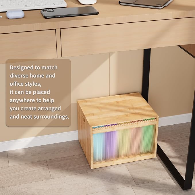 Bamboo Hanging File Organizer, Desk File Box with Lids, 1 Pack, Natural | Removable Lid, Clear Acrylic Side Panels, 2 Hanging Folders Included, Helps Reduce Dust, Letter & Legal Size, Easy Assembly