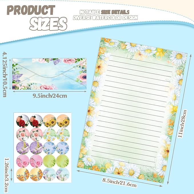 TaoBary 160 Pcs Stationery Paper Set 50 Double Sided Stationery Papers with 50 Matching Envelopes and 60 Round Dot Sticker, 10 Design(Flower,8.5 x 11 Inch)