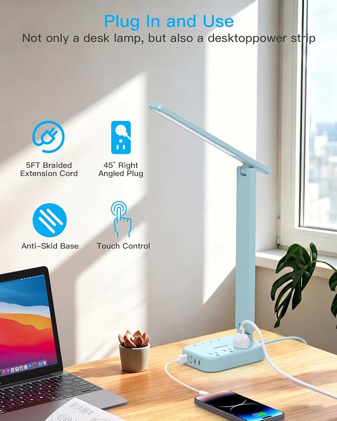 One Beat LED Small Desk Lamp Power Strip 5ft Extension Cord, 3 Outlets, 4 USB Ports(2 USB C), 4 Modes, 5 Level Touch- Home, Office, Bedroom, Bedside, Study Reading Light, Dorm Room Essentials, Blue