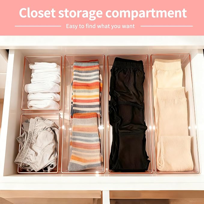 12 Pack Large Size Clear Stackable Drawer Organizer Trays, Rose Gold Rim Makeup Drawer Storage Tray Divider, Desk Storage for Makeup, Jewelry, Bathroom, Stationary, Kitchen Utensils and Office Desk