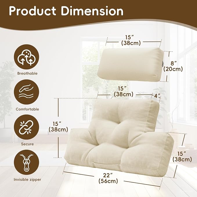 2-Piece Neck Pillow Lumbar Support Cushion for Recliner, Ergonomic High-Density Foam Backrest with Adjustable Headrest, Soft Comfy Back Support for Office Chair, Sofa, Couch, Pain Relief, Beige