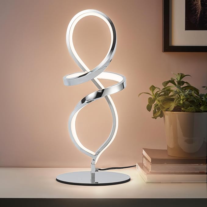 Mayful Modern Table Lamp with LED Unique Spiral Design, Small Nightstand Lamp with Stepless Dimming Switch, Chrome Bedside Lamps for Bedroom, Nightstand, Living Room, Office, 12W 3200K Warm White