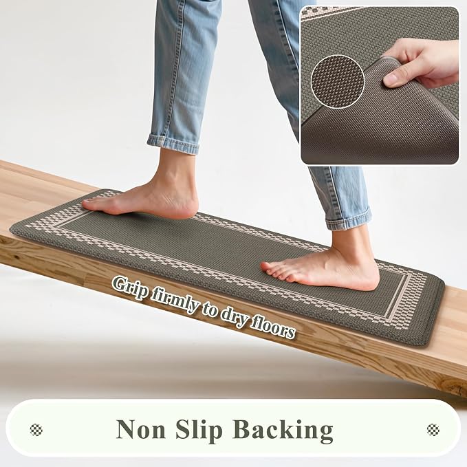 KIMODE Anti Fatigue Mats for Kitchen Floor Checkered Kitchen Rugs Sets of 2 | Sage Green Cushioned Kitchen Floor Mats Non Slip,Farmhouse Standing Mat for Sink Laundry Office Desk Dorm 17"x47"+17"x29"